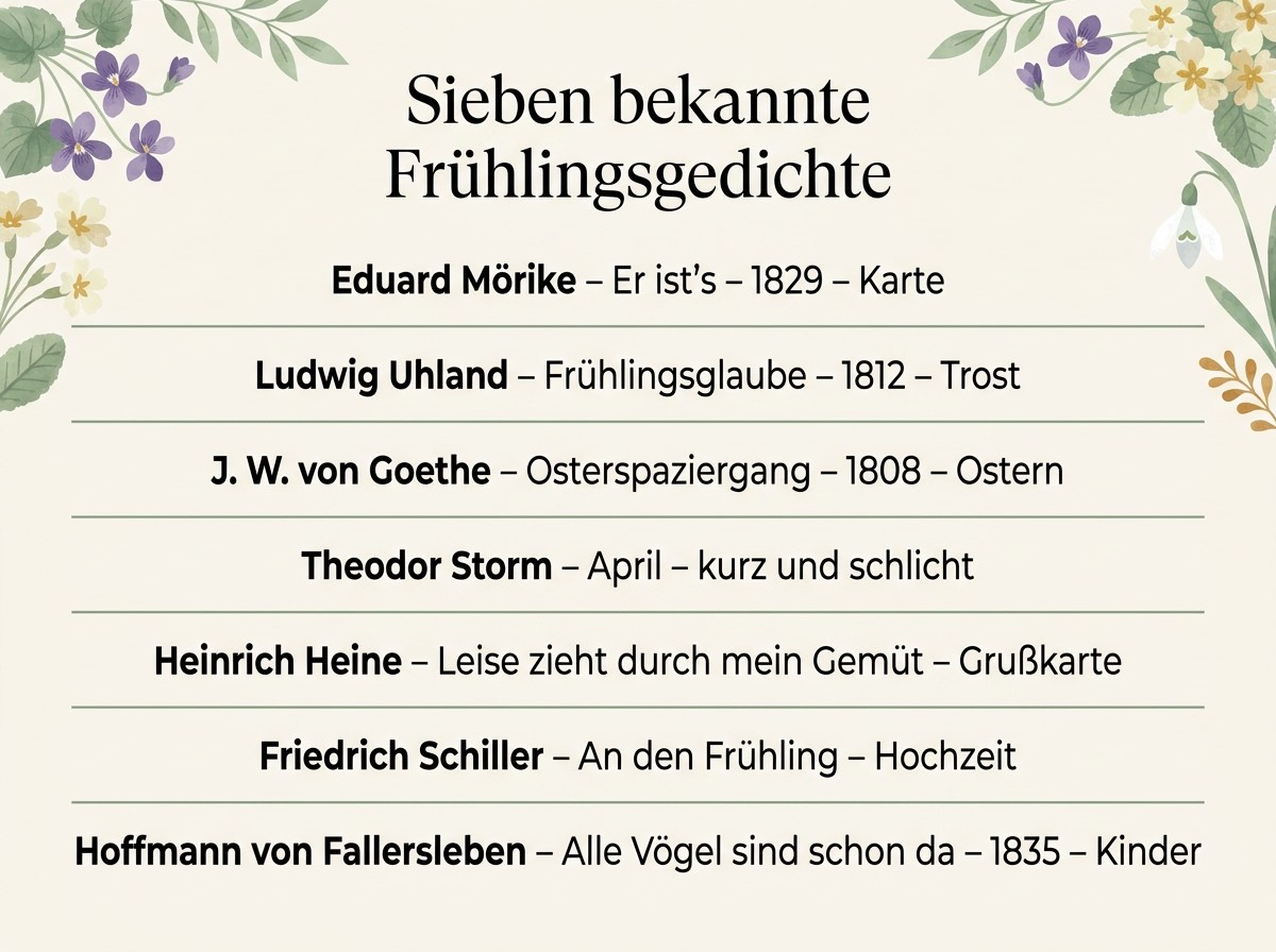 Infografik mit sieben bekannten Frühlingsgedichten, Dichtern, Jahreszahlen und passenden Anlässen