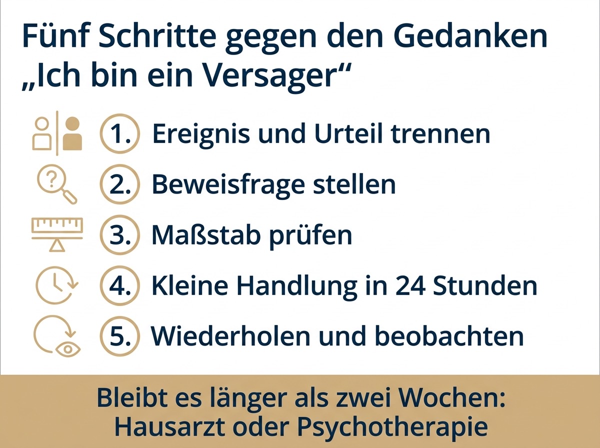 Infografik mit fünf Schritten gegen den Gedanken, ein Versager zu sein