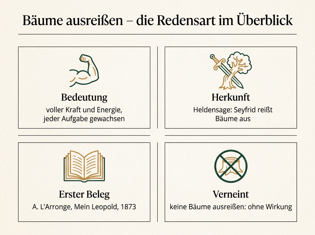 Infografik zur Redensart mit Bedeutung, Herkunft, Erstbeleg 1873 und Anwendungsbeispielen