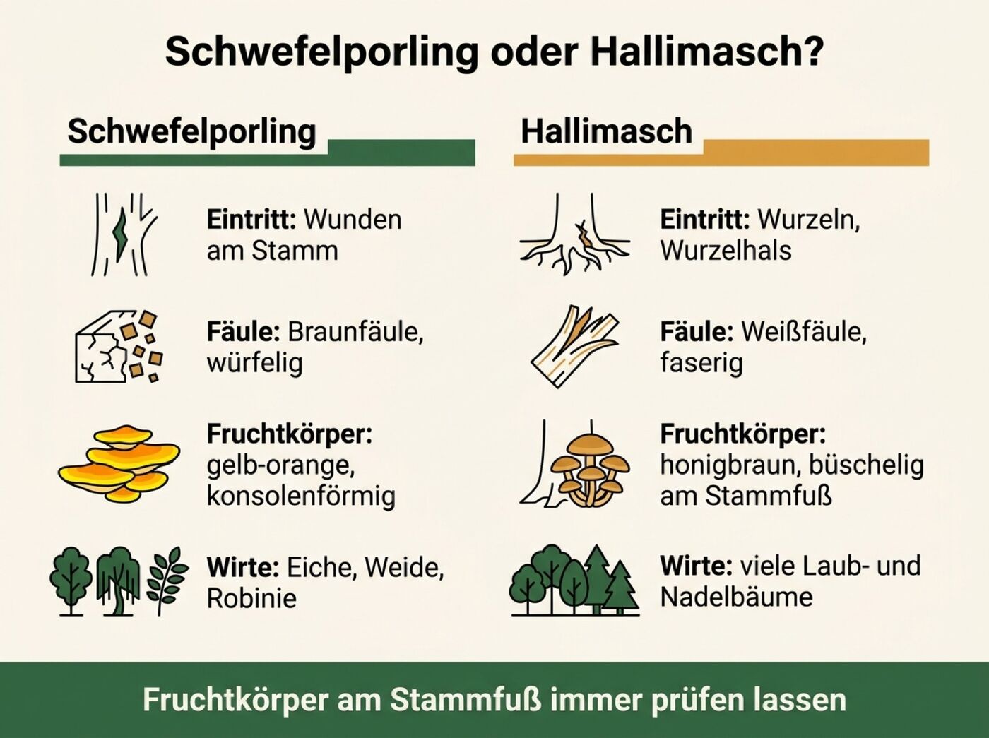 Vergleichsgrafik zeigt Merkmale von Schwefelporling und Hallimasch am Baumstamm