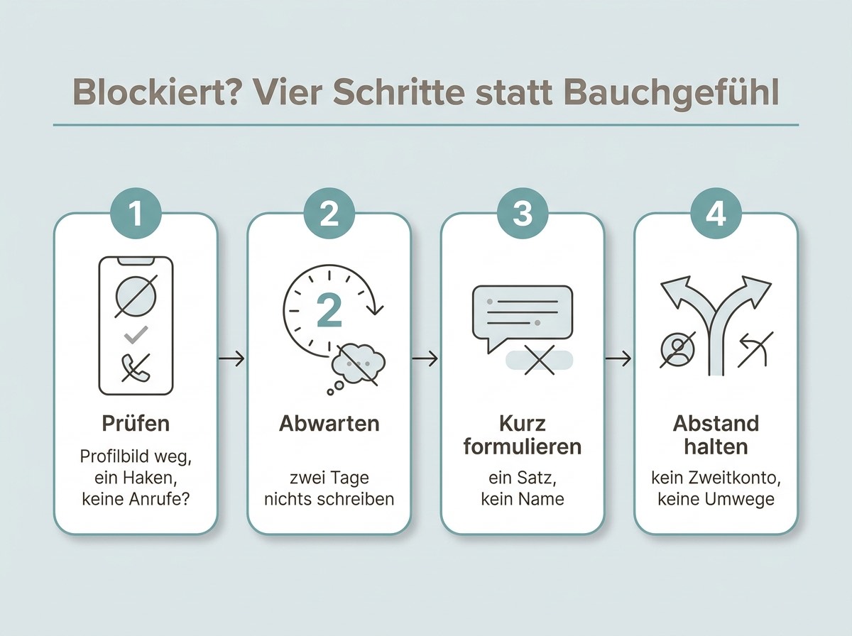 Infografik mit vier Schritten nach einer Blockierung: prüfen, abwarten, kurz formulieren, Abstand halten