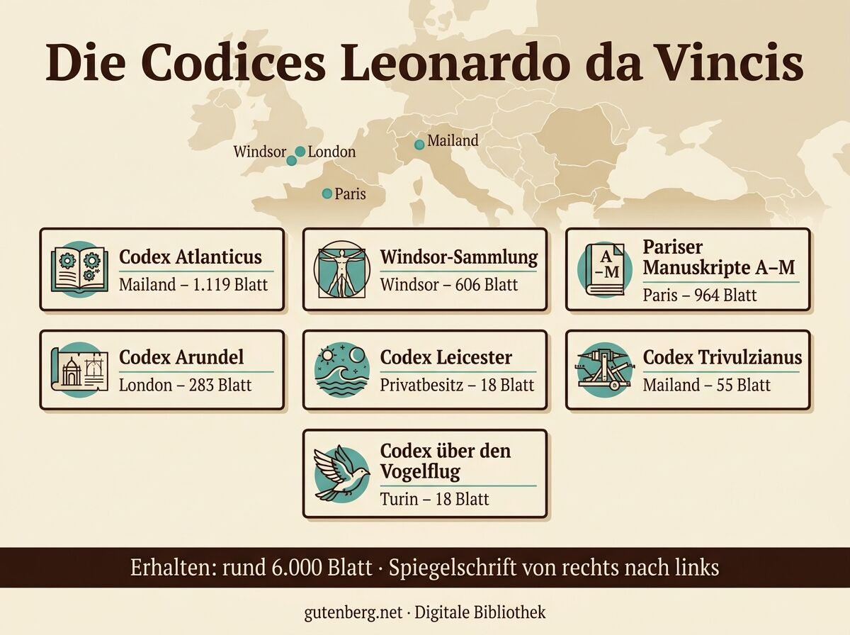 Infografik: Die wichtigsten Codices Leonardo da Vincis mit Aufbewahrungsort, Blattzahl und Schwerpunkt