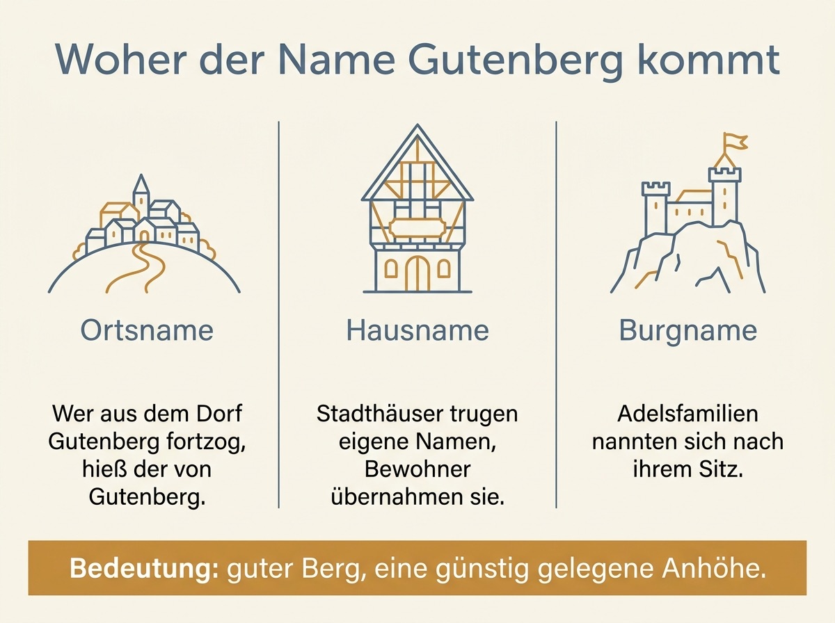 Infografik zur Entstehung von Herkunftsnamen wie Gutenberg aus Orts-, Haus- und Burgnamen