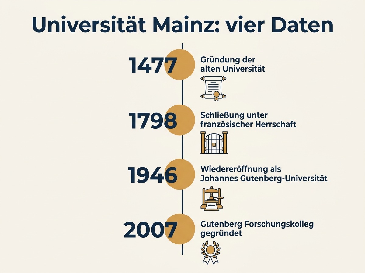 Zeitleiste zur Johannes Gutenberg Universität Mainz mit den Jahren 1477, 1798, 1946 und 2007