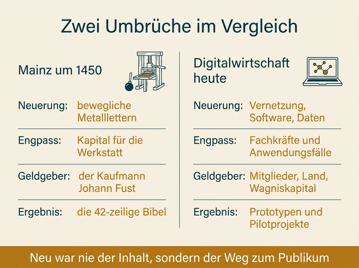Infografik zum Vergleich der Medienrevolution um 1450 mit der Digitalisierung heute
