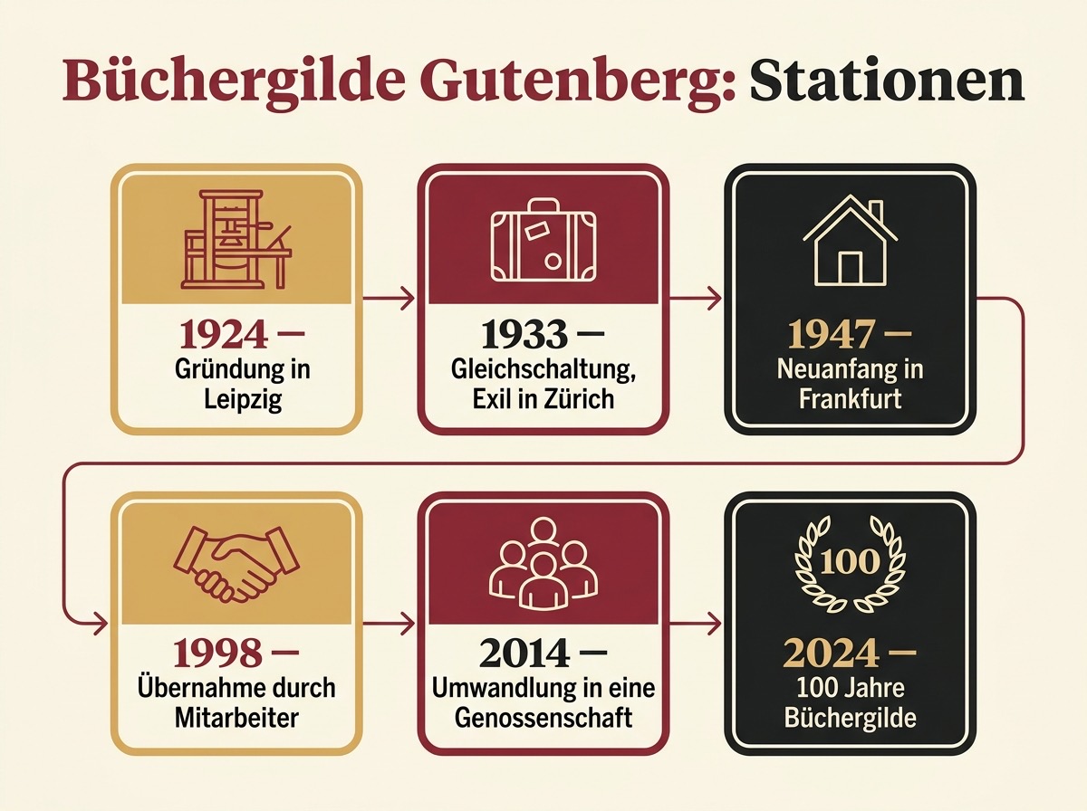 Infografik mit den Stationen der Büchergilde Gutenberg von 1924 bis 2024