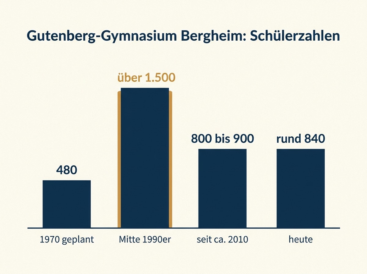 Balkendiagramm zur Entwicklung der Schülerzahl am Gutenberg-Gymnasium Bergheim seit 1970