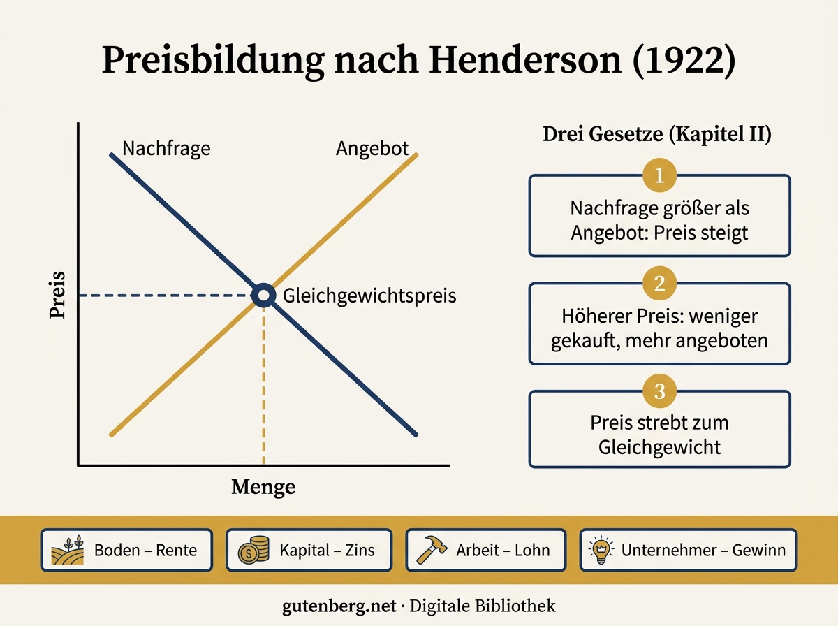 Infografik: Preisbildung nach Henderson mit Angebots- und Nachfragekurve, Gleichgewichtspreis und den drei Gesetzen aus Kapitel II
