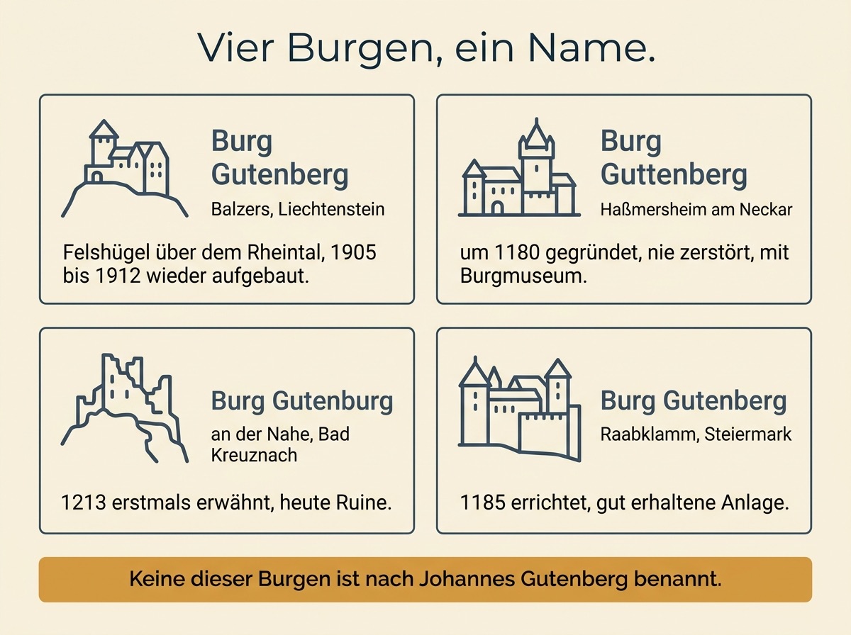 Infografik mit vier Burgen namens Gutenberg und ihren Standorten