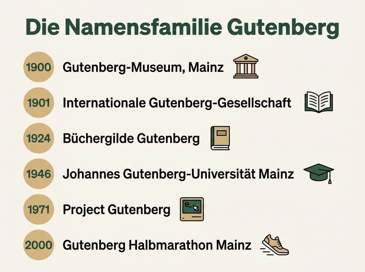 Infografik zur Namensfamilie Gutenberg mit Museum, Gesellschaft, Büchergilde, Universität, Project Gutenberg und Lauf