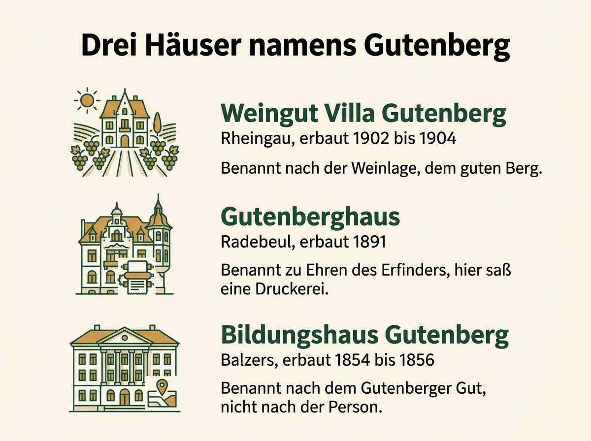 Infografik mit drei Häusern namens Gutenberg und ihren Namensquellen