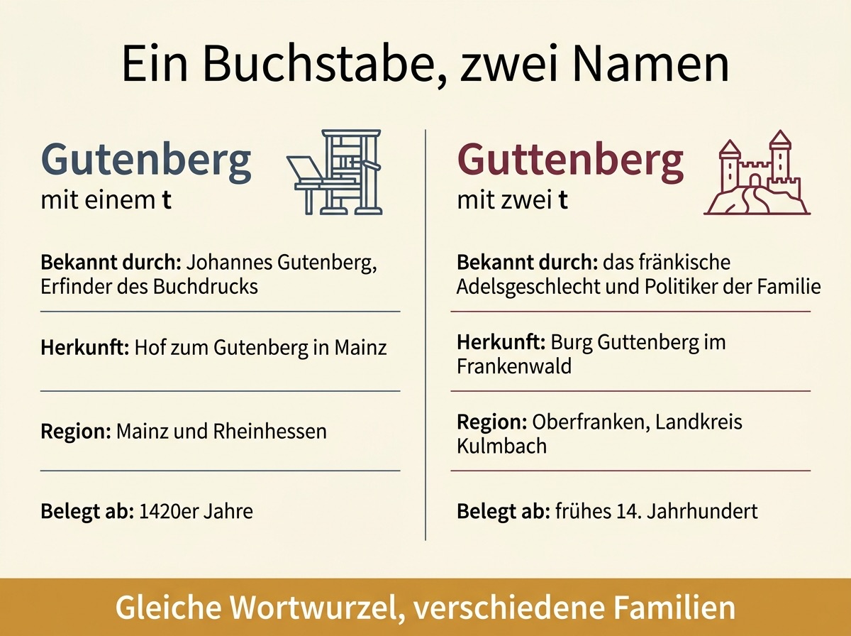 Infografik zum Unterschied zwischen Gutenberg mit einem t und Guttenberg mit zwei t