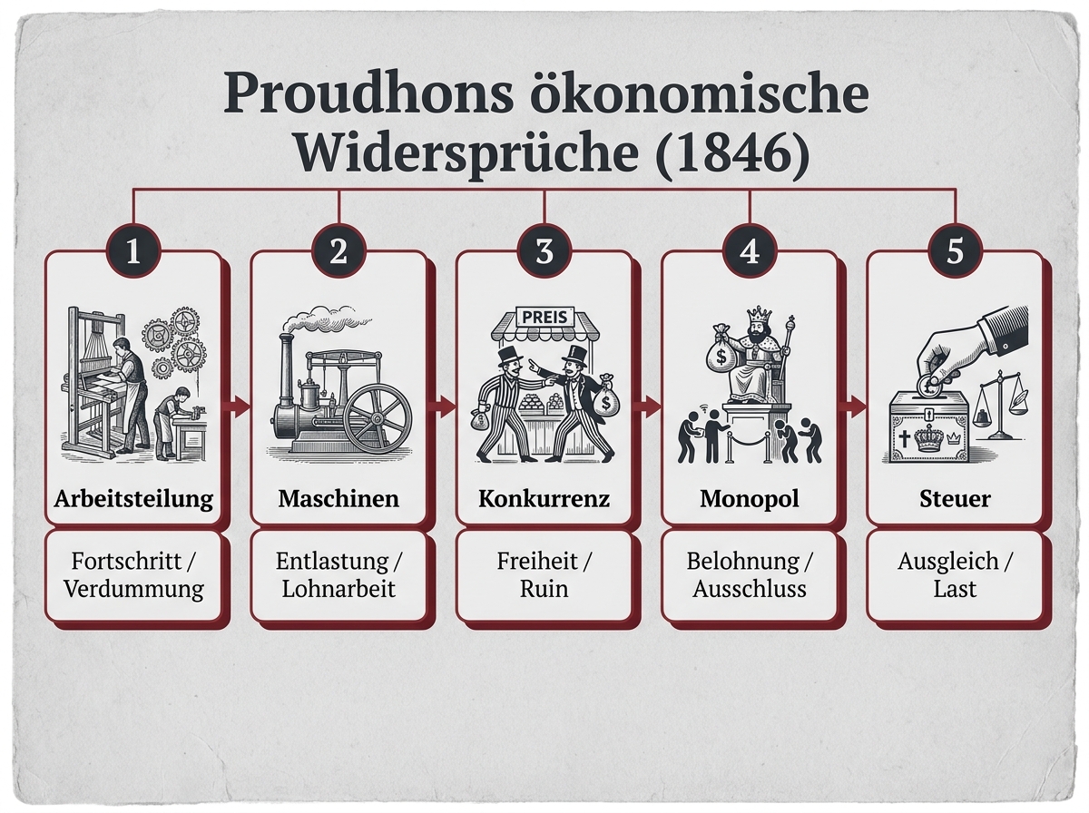 Infografik: Proudhons ökonomische Widersprüche 1846 als Abfolge von Arbeitsteilung, Maschinen, Konkurrenz, Monopol und Steuer