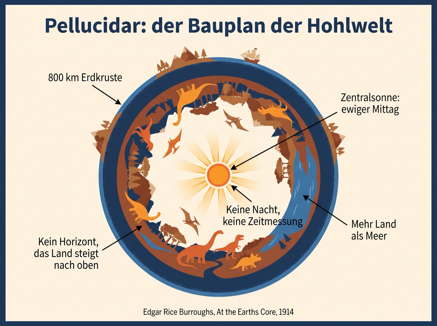 Infografik zum Aufbau der Hohlwelt Pellucidar mit Erdkruste, Innenseite der Schale und der zentralen Sonne