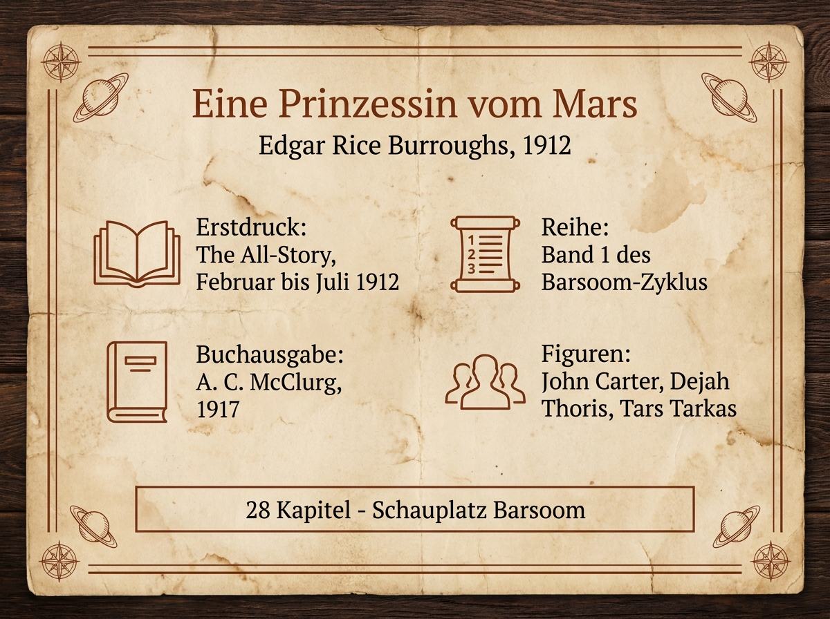Infografik zu Eine Prinzessin vom Mars mit Erstdruck, Buchausgabe, Reihenposition und Hauptfiguren