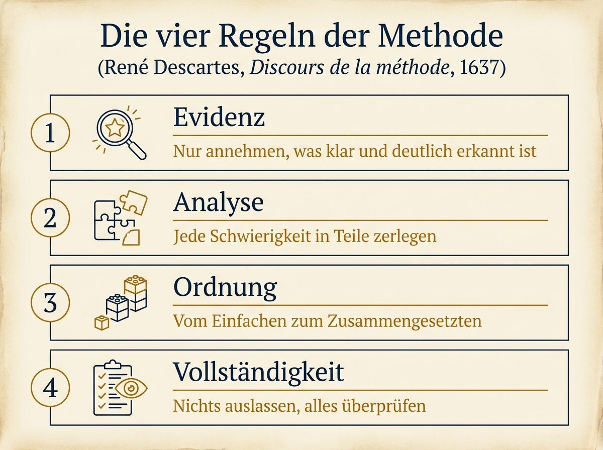 Die vier Regeln der Methode nach Descartes als Infografik: Evidenz, Analyse, Ordnung, Vollständigkeit