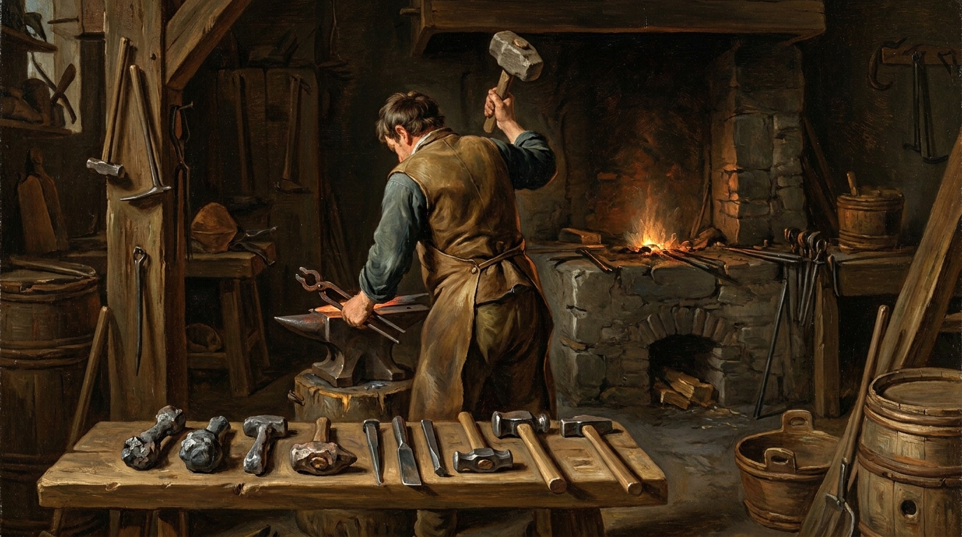 Handwerker im 17. Jahrhundert stellt mit einfachem Werkzeug ein besseres Werkzeug her, Sinnbild für Spinozas Methode