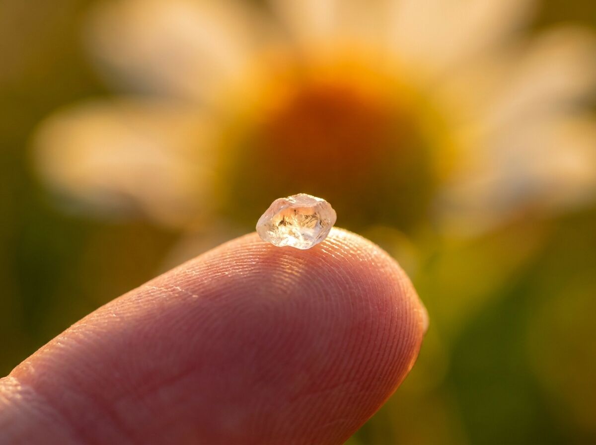 Nahaufnahme eines Sandkorns auf einer Fingerkuppe mit einer wilden Blume im Hintergrund, Illustration zu Blakes Auguries of Innocence