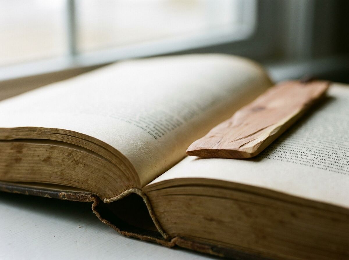 Aufgeschlagene englische Erstausgabe von The Prophet mit Lesezeichen aus Zedernholz