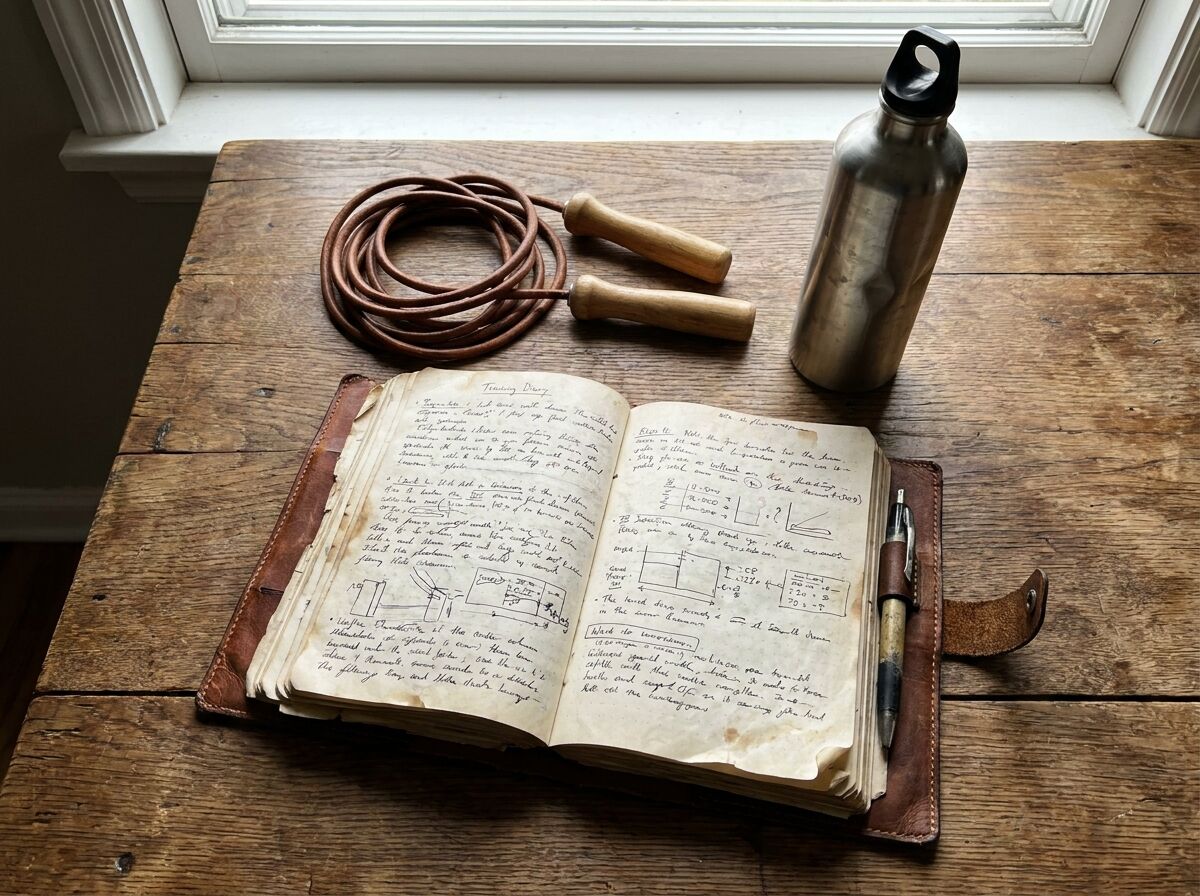 Aufgeschlagenes Trainingstagebuch mit handschriftlichen Einträgen, daneben Springseil und Wasserflasche