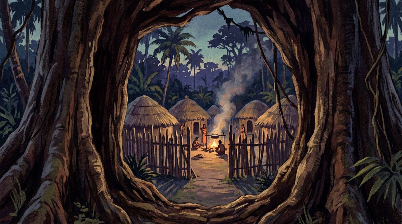 Halbwüchsiger im Baumgeäst beobachtet ein afrikanisches Dorf mit Palisade und Feuerstelle, Szene aus Jungle Tales of Tarzan