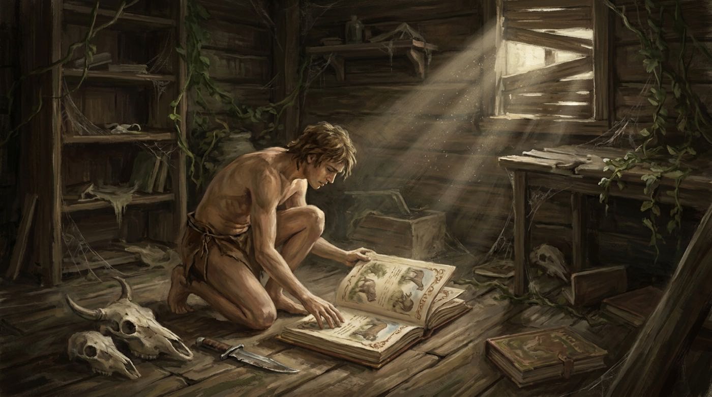 Junger Mann in Fellkleidung sitzt in einer verfallenen Hütte über aufgeschlagenen Bilderbüchern, Szene aus Tarzan bei den Affen