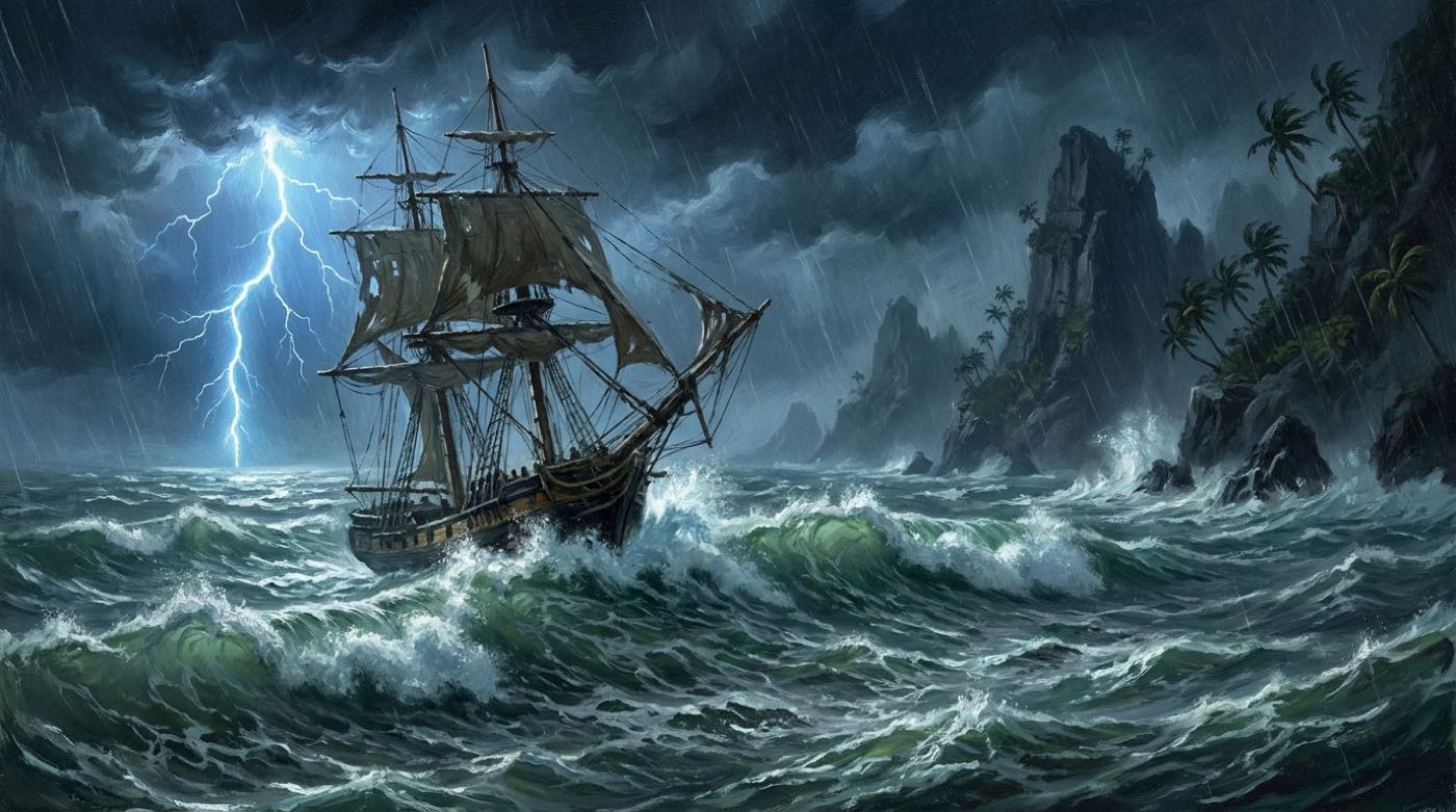 Segelschiff im Sturm vor einer felsigen Pazifikinsel, Szene aus dem Roman The Mucker von Edgar Rice Burroughs