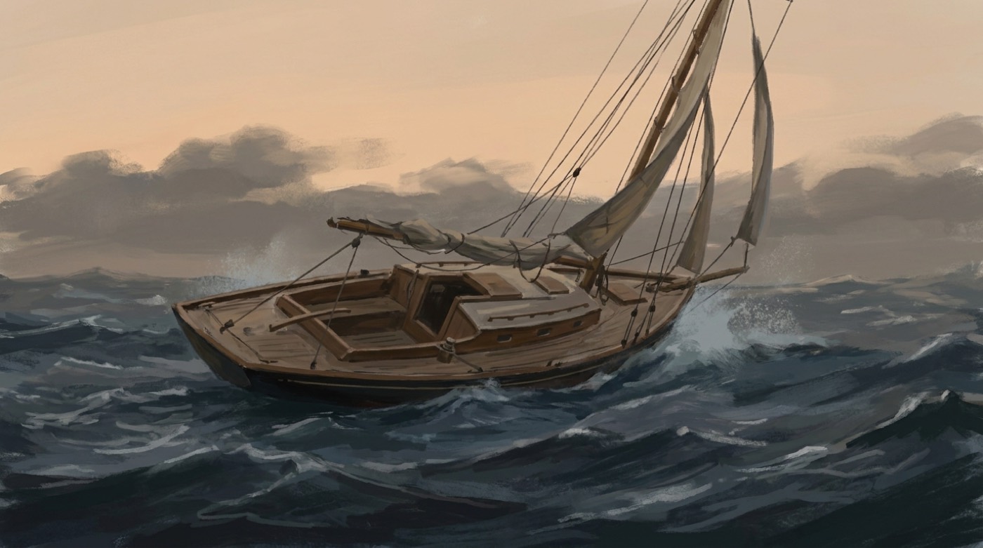 Segelyacht mit gebrochenem Mast treibt bei Dämmerung auf offener See, Szene zum Schiffbruch der Lady Alice in The Return of Tarzan