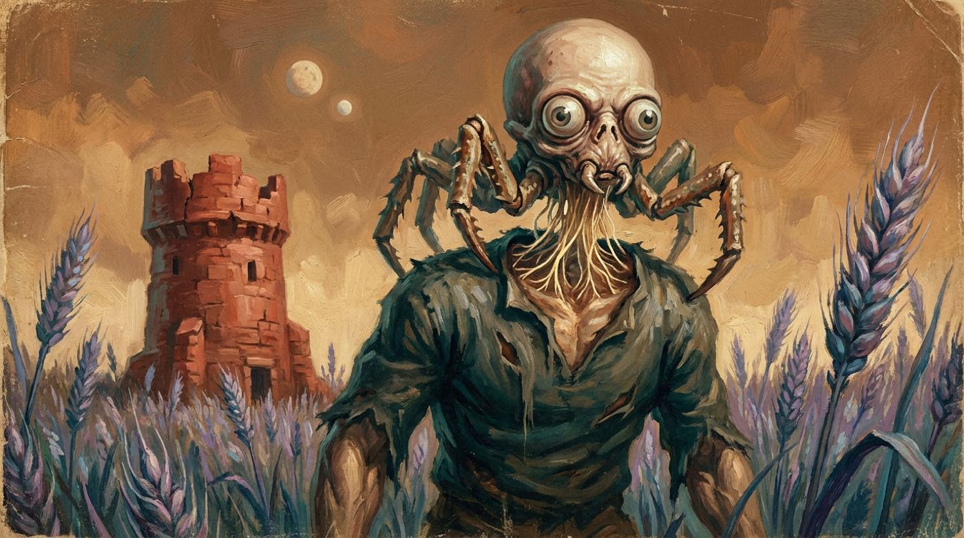 Kaldane, ein spinnenartiger Kopf mit Augen, sitzt auf den Schultern eines kopflosen Rykor-Körpers, Illustration zu Burroughs' The Chessmen of Mars