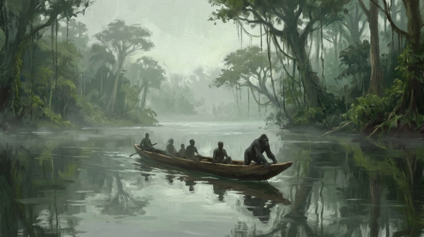 Einbaum mit mehreren Gestalten und einem großen Affen an Bord gleitet durch Nebel auf einem afrikanischen Fluss, Szene aus The Beasts of Tarzan