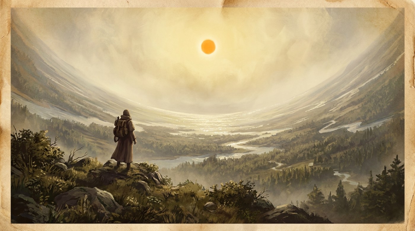 Blick über eine Landschaft, deren Horizont nach oben gekrümmt ist, mit einer kleinen stehenden Sonne im Zenit, Vorstellung der Innenwelt Pellucidar