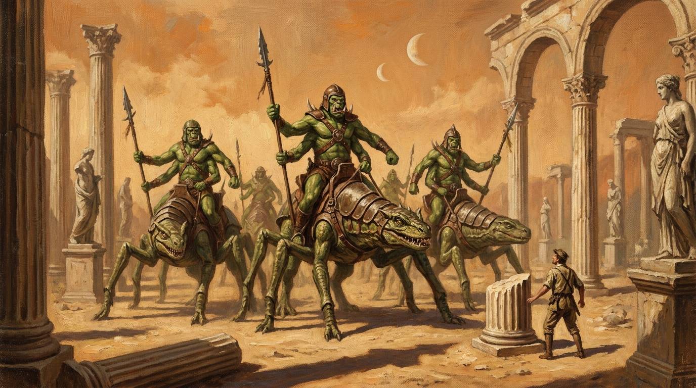 John Carter trifft bei den grünen Marsianern ein: vierarmige Krieger der Tharks vor den Ruinen einer toten Marsstadt
