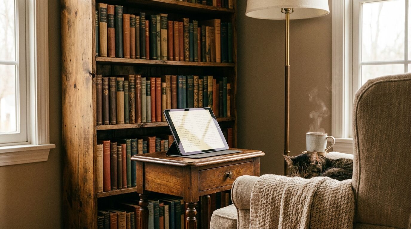 Bücherregal mit klassischer Literatur, davor ein Tablet mit geöffnetem E-Book, Symbol für frei zugängliche gemeinfreie Werke