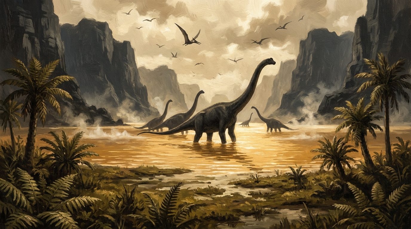 Warmes Binnenmeer mit Flugsauriern und Dinosauriern am Ufer, Vorstellung der Insel Caprona aus dem Roman The Land That Time Forgot