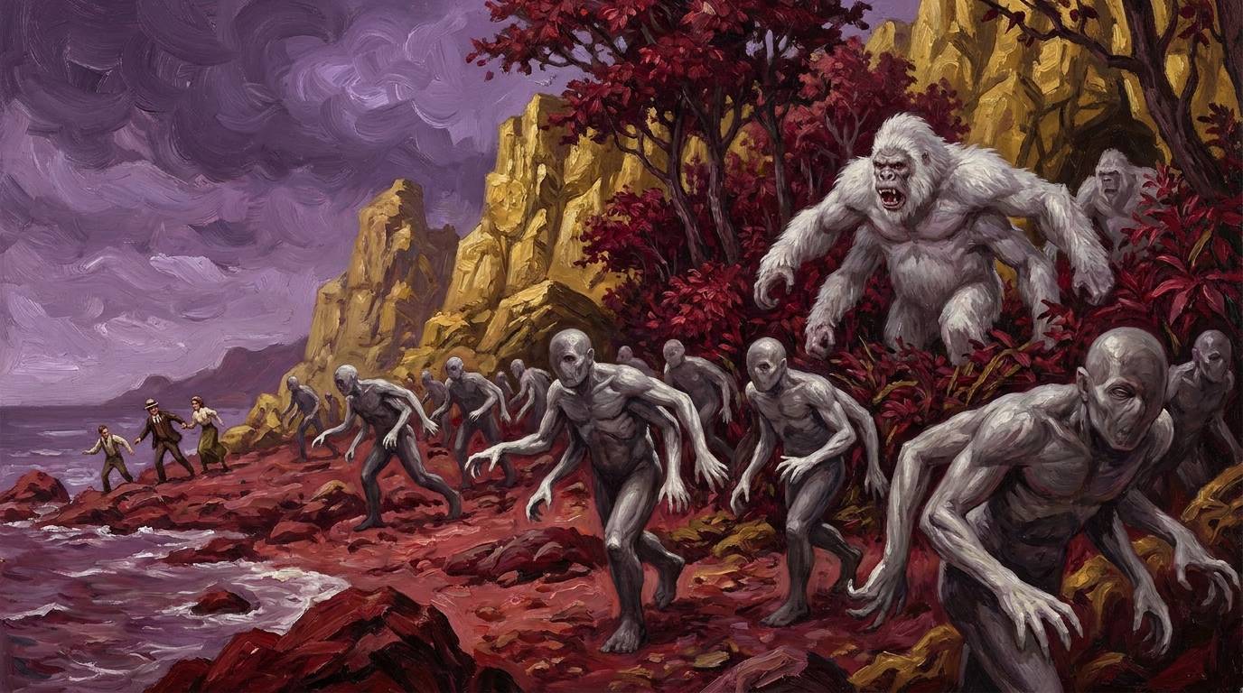 Die Pflanzenmenschen und die weißen Riesenaffen des Tals Dor greifen die ankommenden Pilger am Ufer des Meeres Korus an