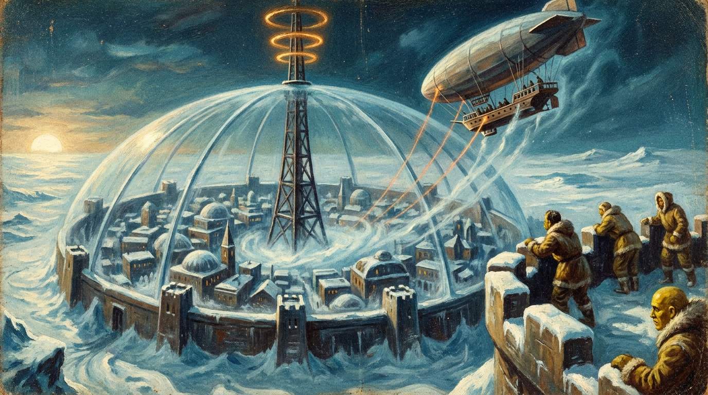 Turmartige Maschine über einer eisumschlossenen Marsstadt zieht ein Luftschiff vom Himmel, Szene aus Der Kriegsherr des Mars
