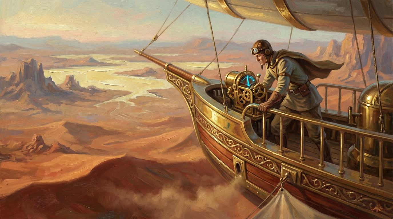 Carthoris von Helium an Bord seines Fliegers mit dem neuen Zielkompass über den roten Wüsten des Mars