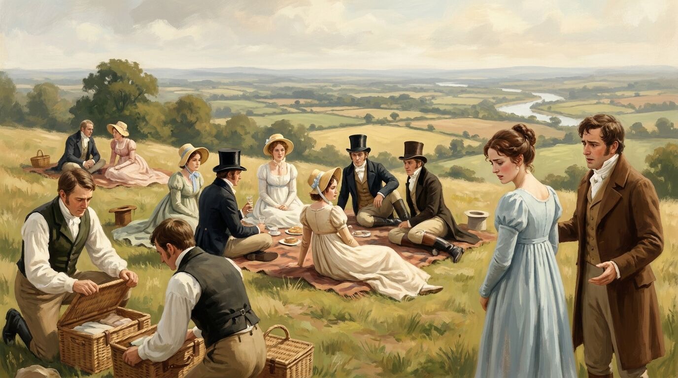 Gesellschaft in Regency-Kleidung beim Picknick auf einem Hügel mit Blick über die englische Landschaft, Szene wie der Ausflug nach Box Hill in Emma