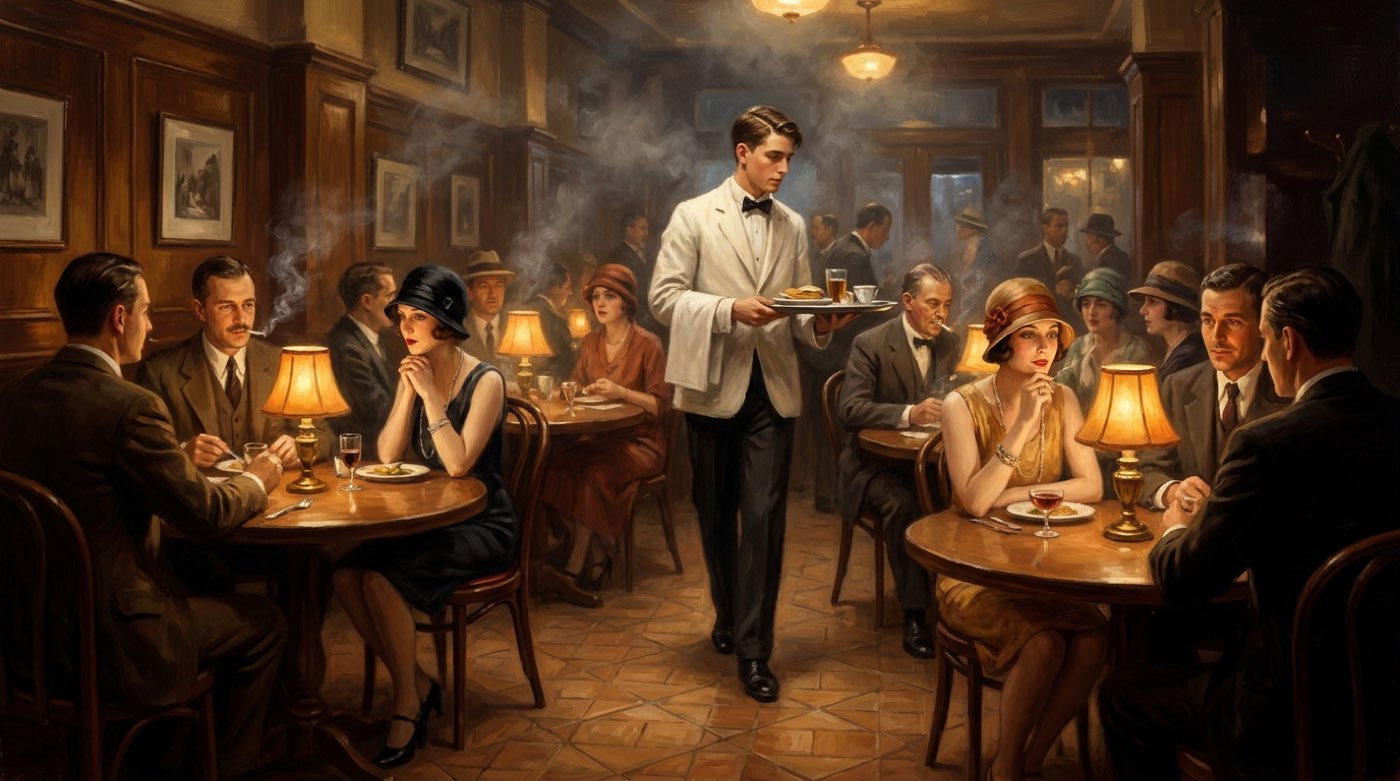 Kellner in weißer Jacke in einem Chicagoer Lokal der 1920er Jahre, Gäste an gedeckten Tischen im Hintergrund