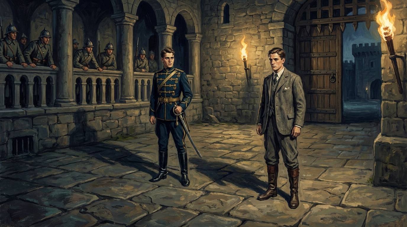 Zwei Männer mit dem gleichen Gesicht stehen sich in einem Burghof gegenüber, einer in Uniform, einer in Reisekleidung, Szene aus The Mad King