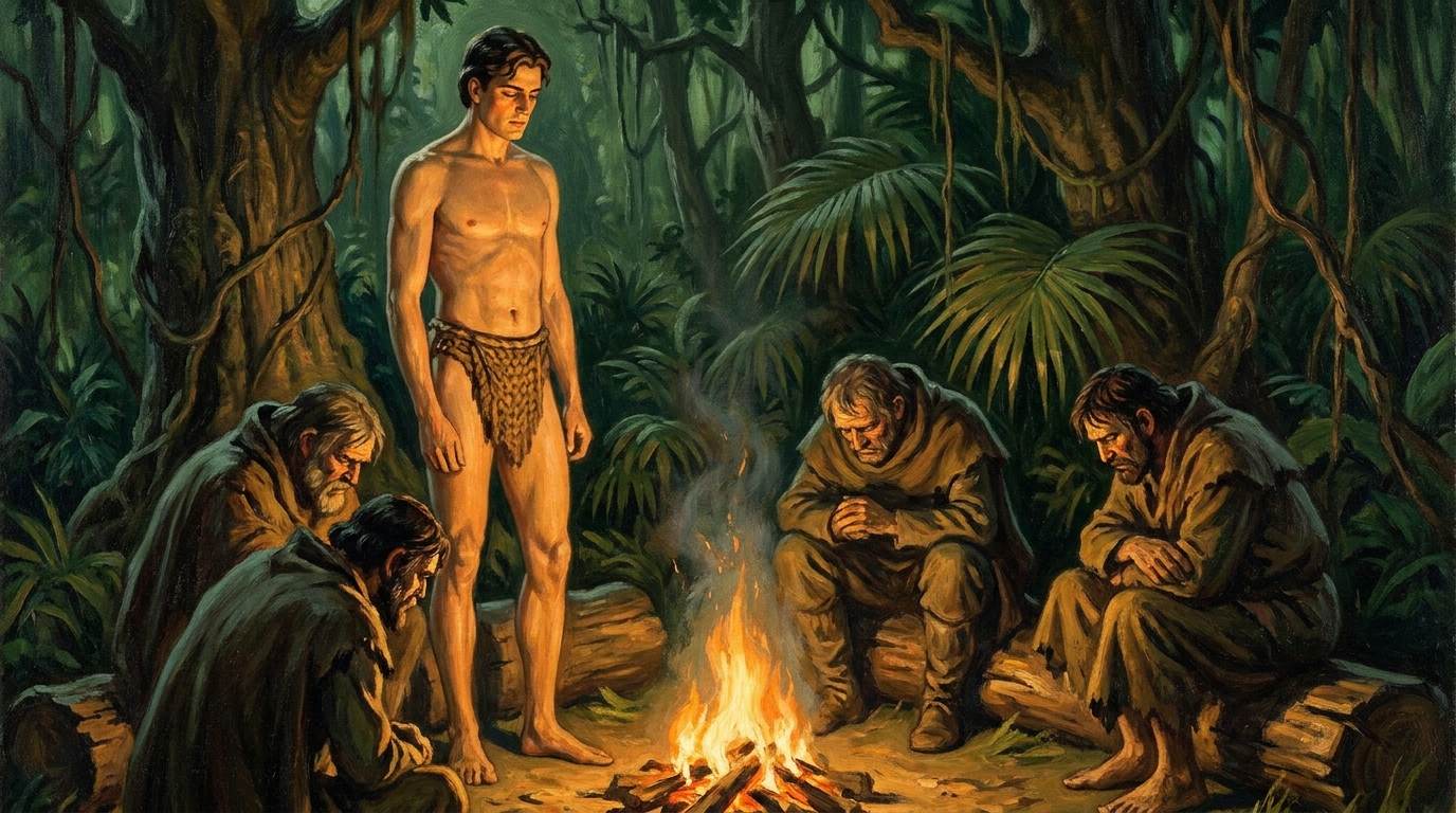 Ein makellos gebauter junger Mann steht zwischen entstellten Gestalten am Rand eines Dschungellagers, Szene aus The Monster Men