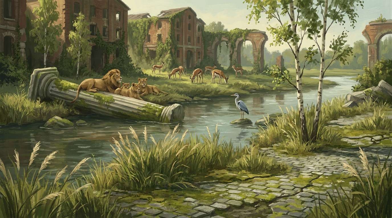 Verwilderte Themse mit Löwen und Antilopen zwischen bewachsenen Ruinen, Szene aus The Lost Continent