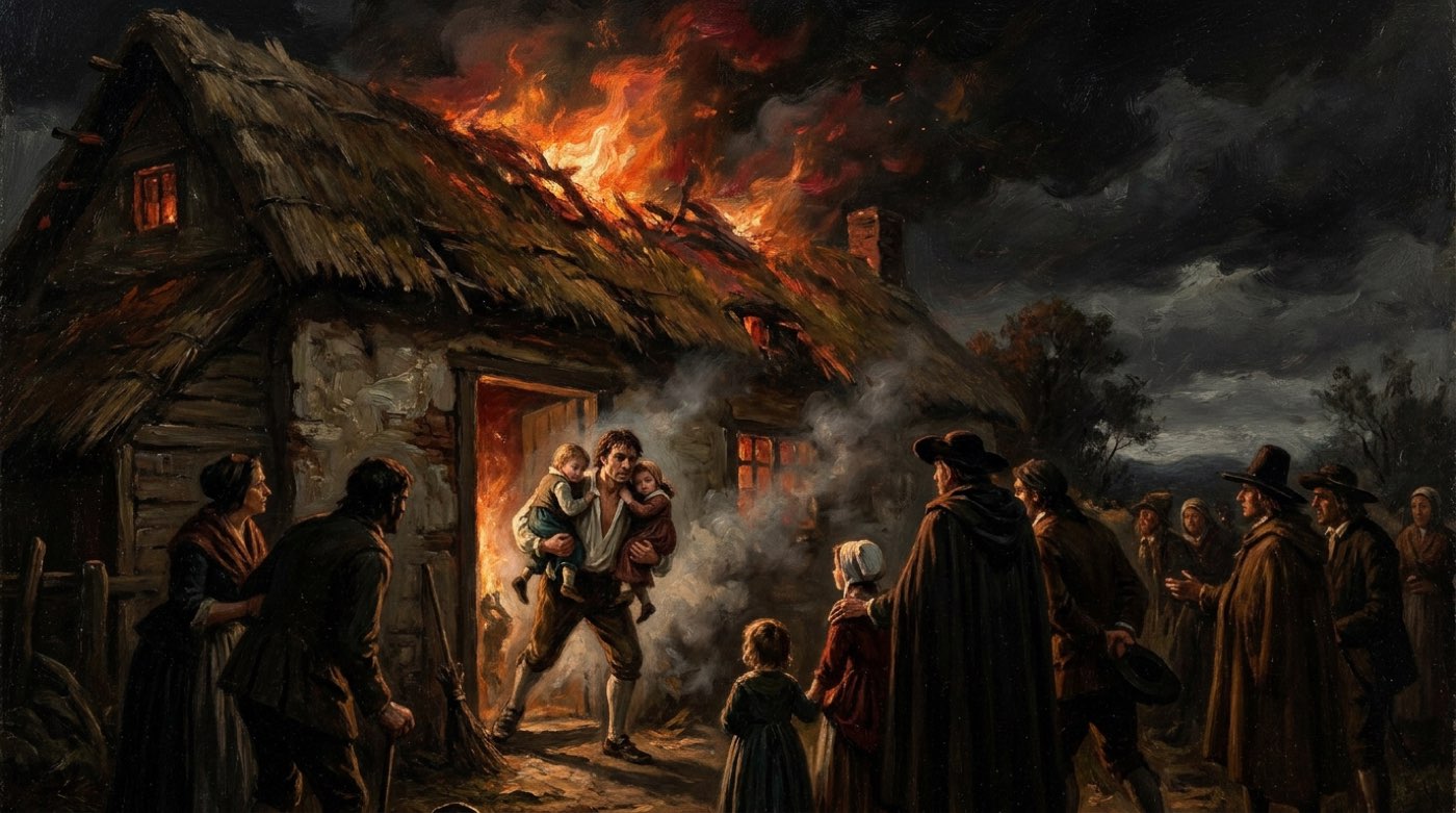 Brennendes Bauernhaus bei Nacht, ein Mann trägt Kinder aus dem Feuer, Szene aus dem Roman The Vicar of Wakefield