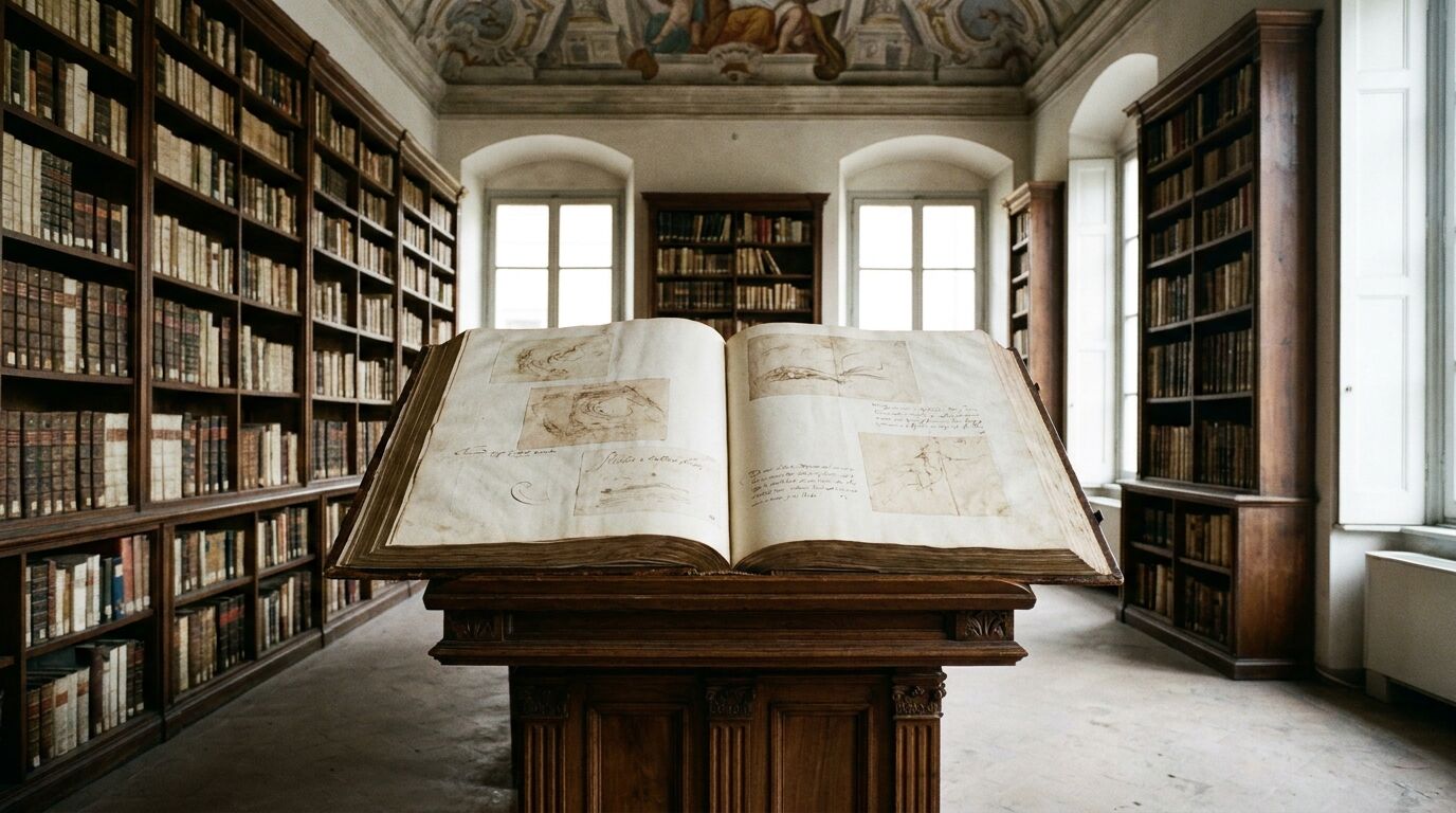 Lesesaal einer historischen Bibliothek mit einem großformatigen Folianten auf dem Pult, Sinnbild für den Codex Atlanticus in der Biblioteca Ambrosiana