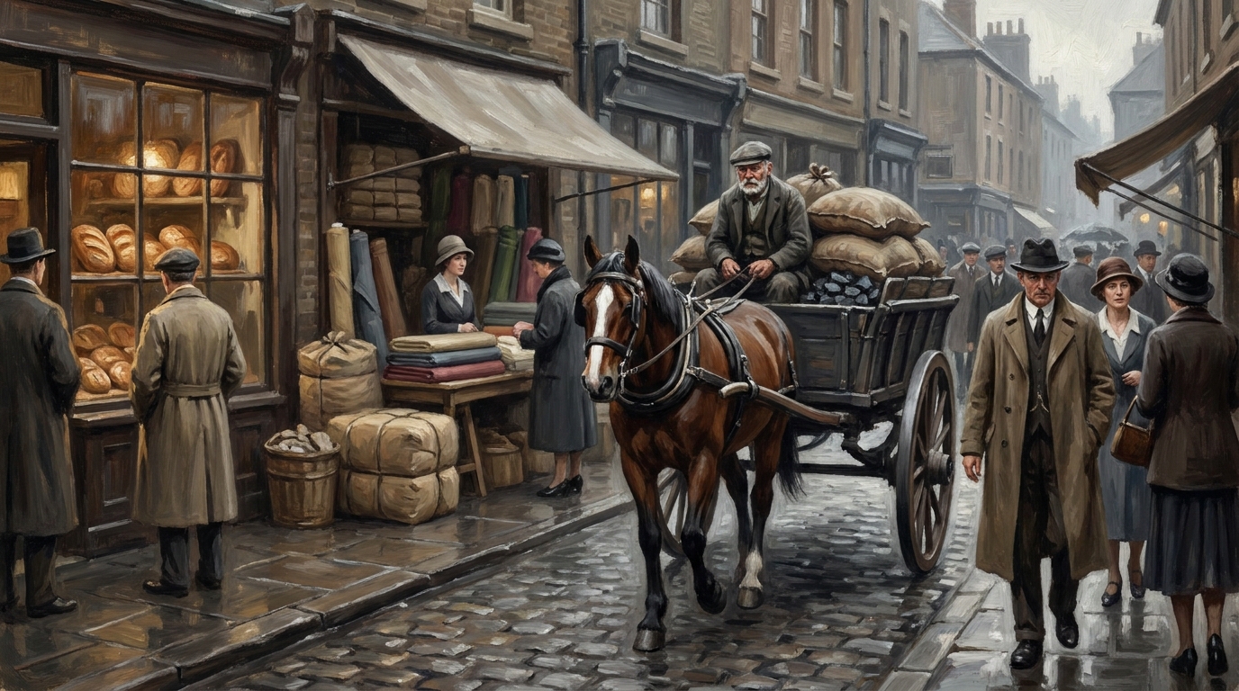 Marktstand mit Kohle, Wolle und Brot im England der 1920er Jahre, Sinnbild für die Beispiele in Hendersons Supply and Demand