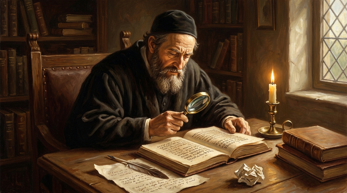 Gelehrter vergleicht hebräische Handschriften mit Lupe und Notizen, Darstellung der Methode der Schriftauslegung bei Spinoza
