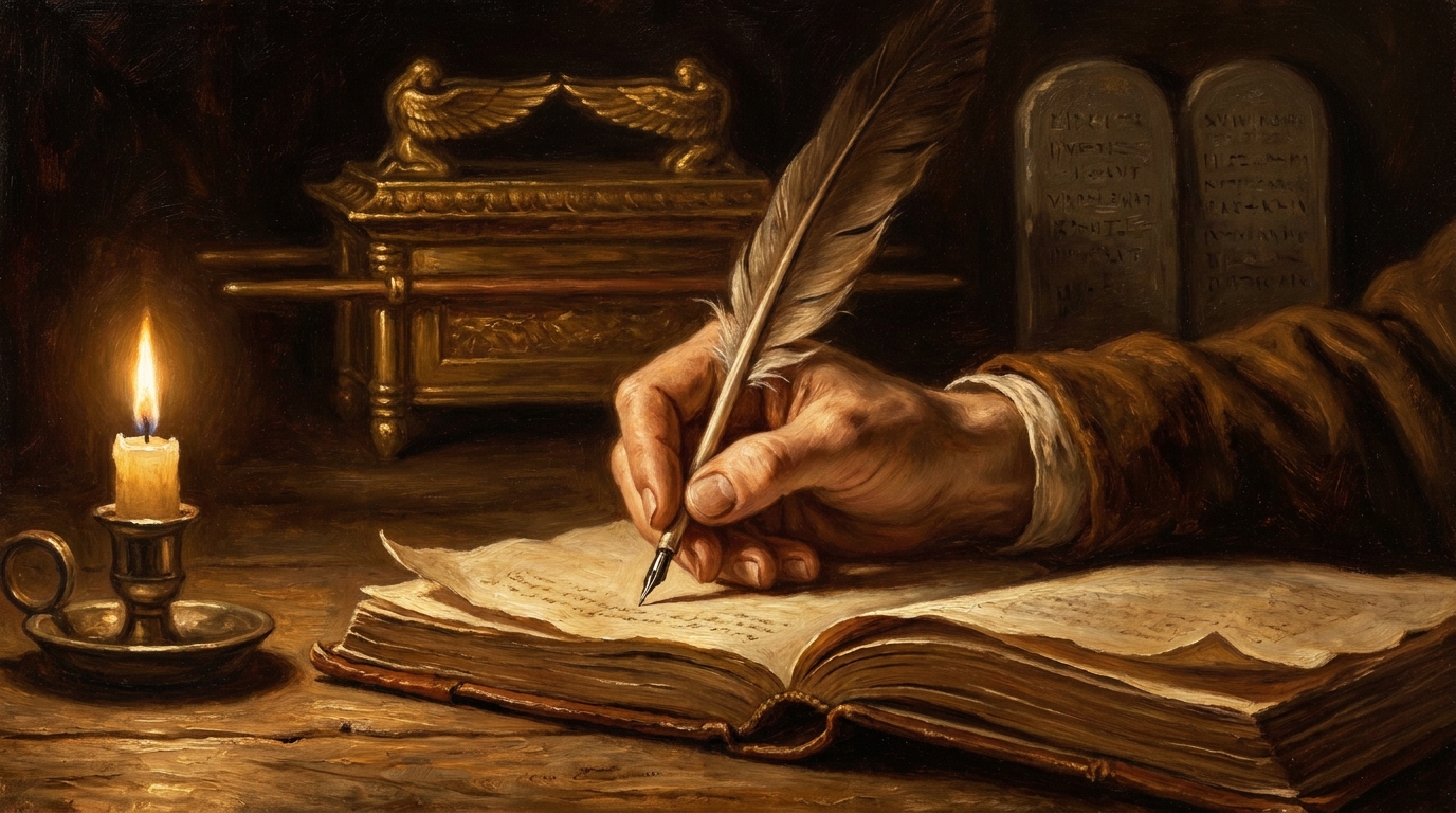 Hand schreibt mit Feder in ein aufgeschlagenes Buch, während im Hintergrund eine Bundeslade und Steintafeln verblassen, Illustration zum Wort Gottes bei Spinoza