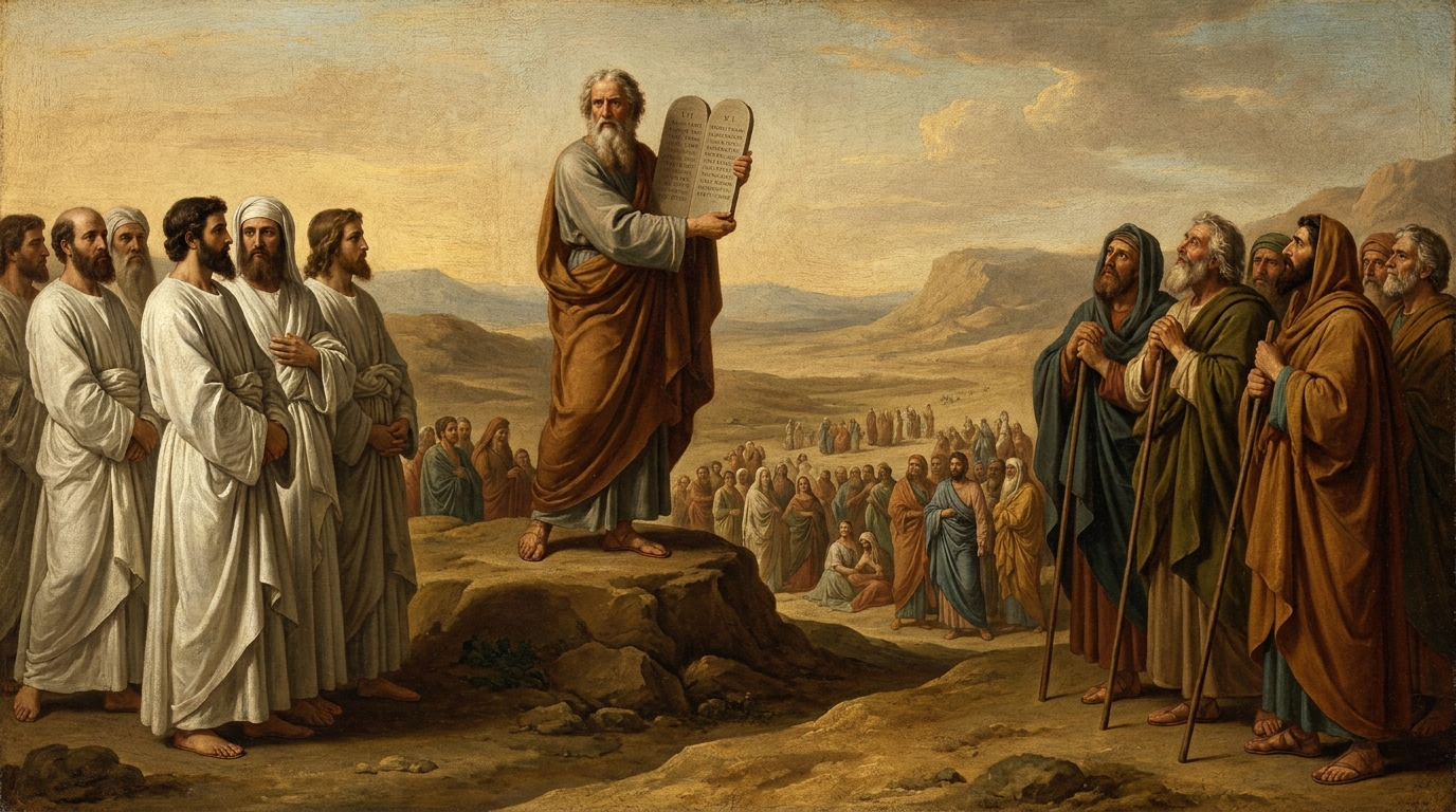 Mose übergibt das Gesetz vor versammelten Stämmen, mit Priestern und Richtern getrennt zu beiden Seiten, Illustration zum hebräischen Staat bei Spinoza