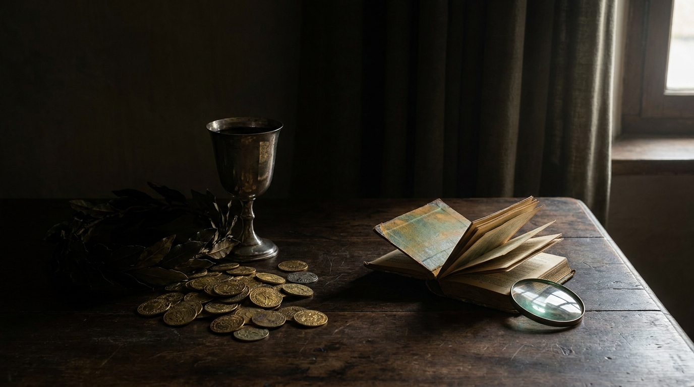 Vanitas-Stillleben mit Goldmünzen, Lorbeerkranz und Weinkelch im Schatten, daneben ein beleuchtetes Buch: die drei vermeintlichen Güter in Spinozas Abhandlung über die Verbesserung des Verstandes