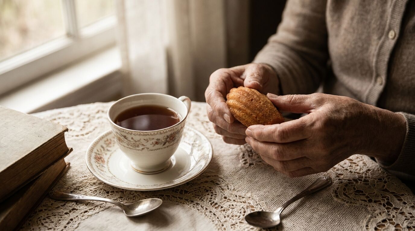 Hände halten eine Madeleine neben einer Tasse Tee auf einer Spitzendecke, Anspielung auf Marcel Proust